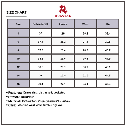 Size Chart - Women's Premium Distressed Cropped Straight Leg Jeans Paint Splatter Drawstring Waist Pocketed Fashionable Everyday Denim