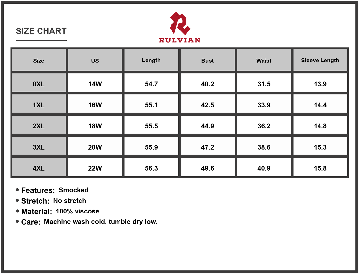 Size Chart - Women's Plus Size Smocked Printed Half Sleeve Midi Dress 100% viscose Fabric Breathable All Day Comfort And Style