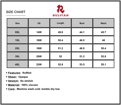 Size Chart - Women's Plus Size Ruffled V Neck Long Sleeve Dress 100% viscose fabric Comfortable and Elegant for Everyday Wear