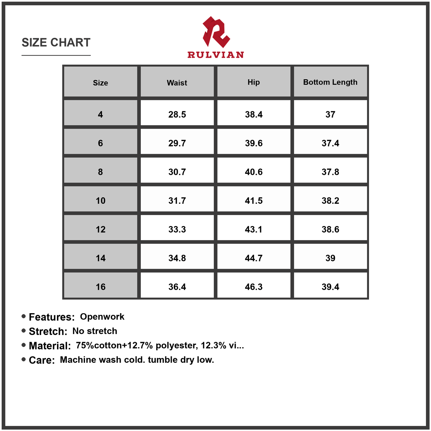 Size Chart - Womens Cropped Wide Leg Jeans with Openwork Lace Detail and Elegant Design for Casual Everyday Wear and Versatile Style