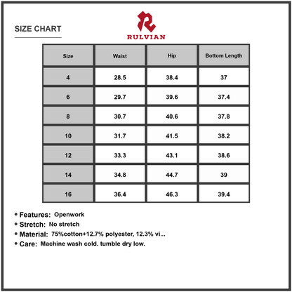 Size Chart - Womens Cropped Wide Leg Jeans with Openwork Lace Detail and Elegant Design for Casual Everyday Wear and Versatile Style