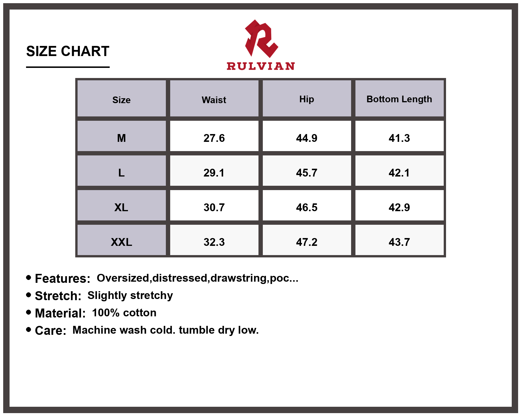 Size Chart - Men's Drawstring Cargo Jeans Oversized Distressed Pocketed Washed Premium Durable Versatile Everyday Relaxed Fit Apparel