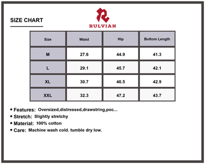 Size Chart - Men's Drawstring Cargo Jeans Oversized Distressed Pocketed Washed Premium Durable Versatile Everyday Relaxed Fit Apparel