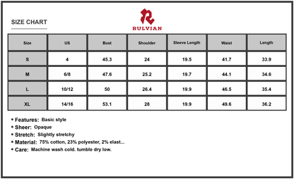 Size Chart - Women's Round Neck Long Sleeve Mini Dress 75% Cotton 23% Polyester 2% Elastane Comfortable Flowy Casual Everyday Dress