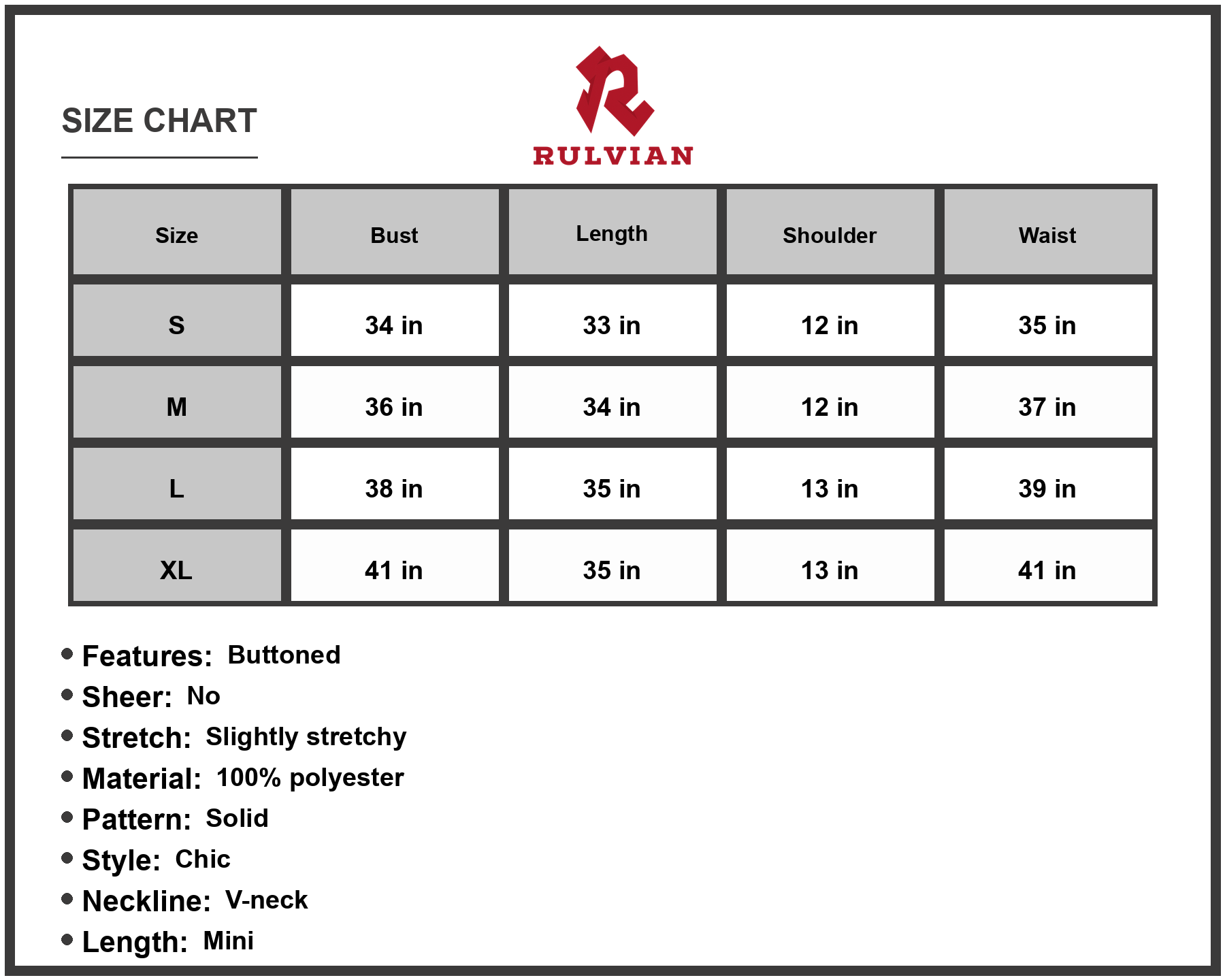 Size Chart - Women's sleeveless tiered V neck dress with button front solid pattern 100% Polyester fabric mini length easy care