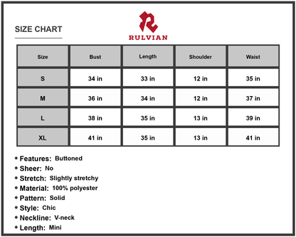 Size Chart - Women's sleeveless tiered V neck dress with button front solid pattern 100% Polyester fabric mini length easy care
