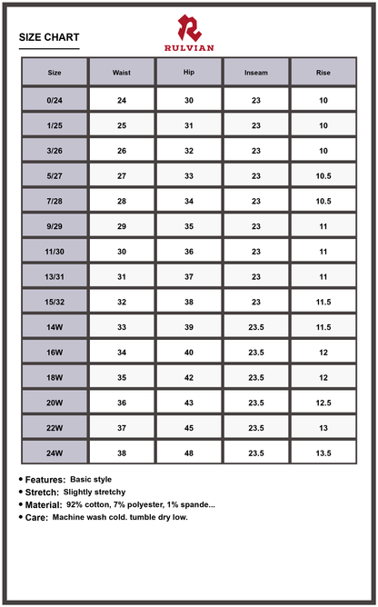Size Chart - Women's Plus Size High Waist Button Fly Cuffed Capris Premium Summer Casual Flattering Trendy Modern Essential Pants