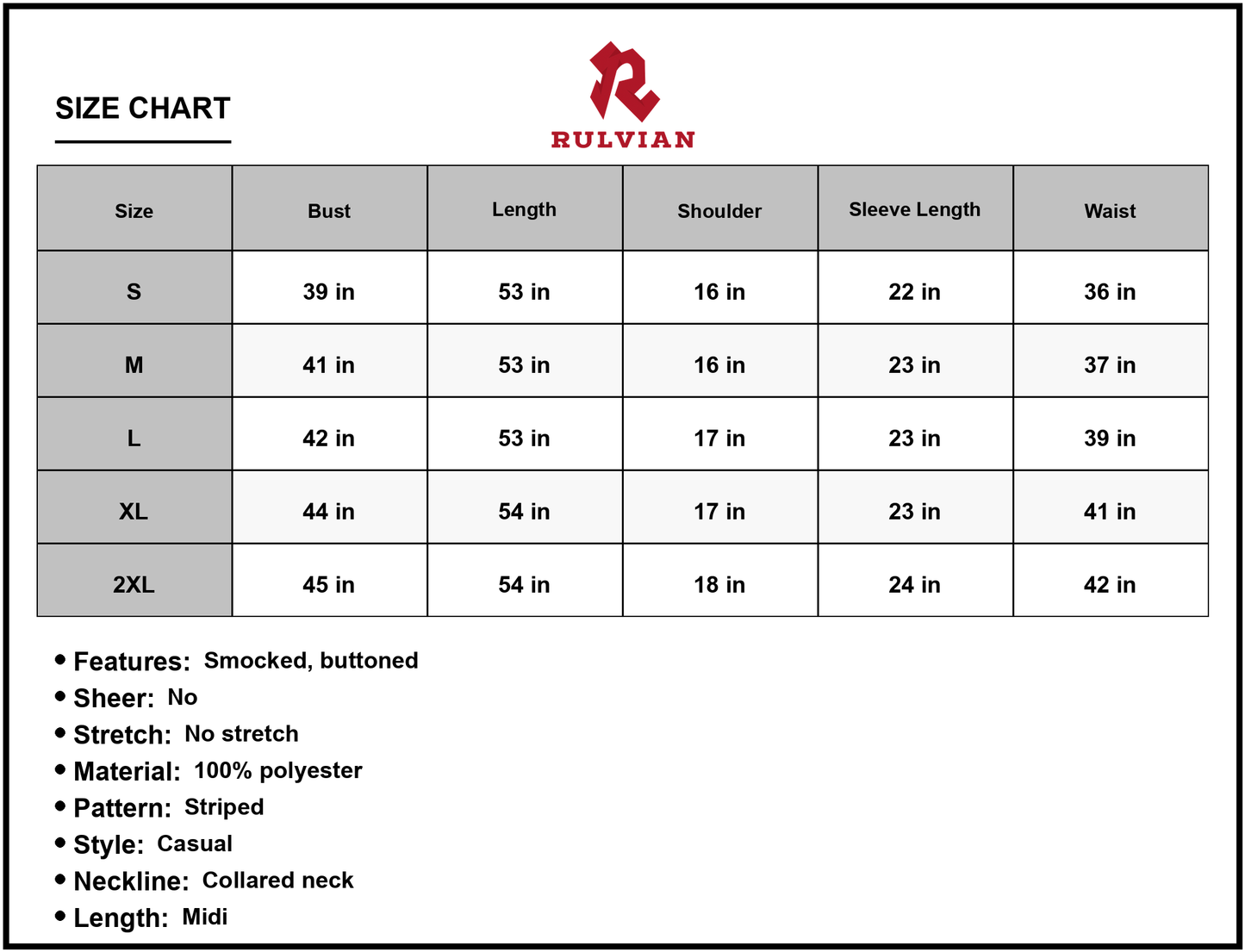 Size Chart - Womens Rainbow Stripe Button Up Maxi Shirt Dress with Collared Neck and Lantern Sleeves 100% Polyester Everyday Wear