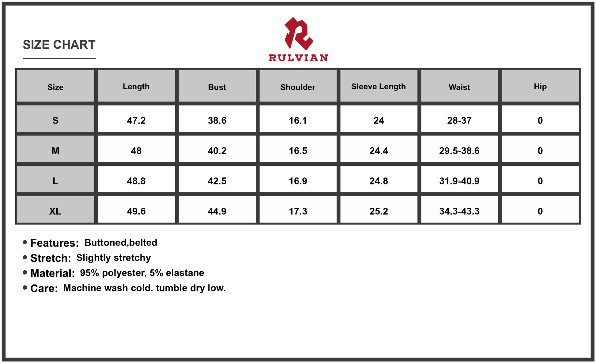 Size Chart - Women's Long Sleeve Button Front Belted Midi Dress 95% Polyester 5% Elastane for Elegant Everyday Wear For Daily Use
