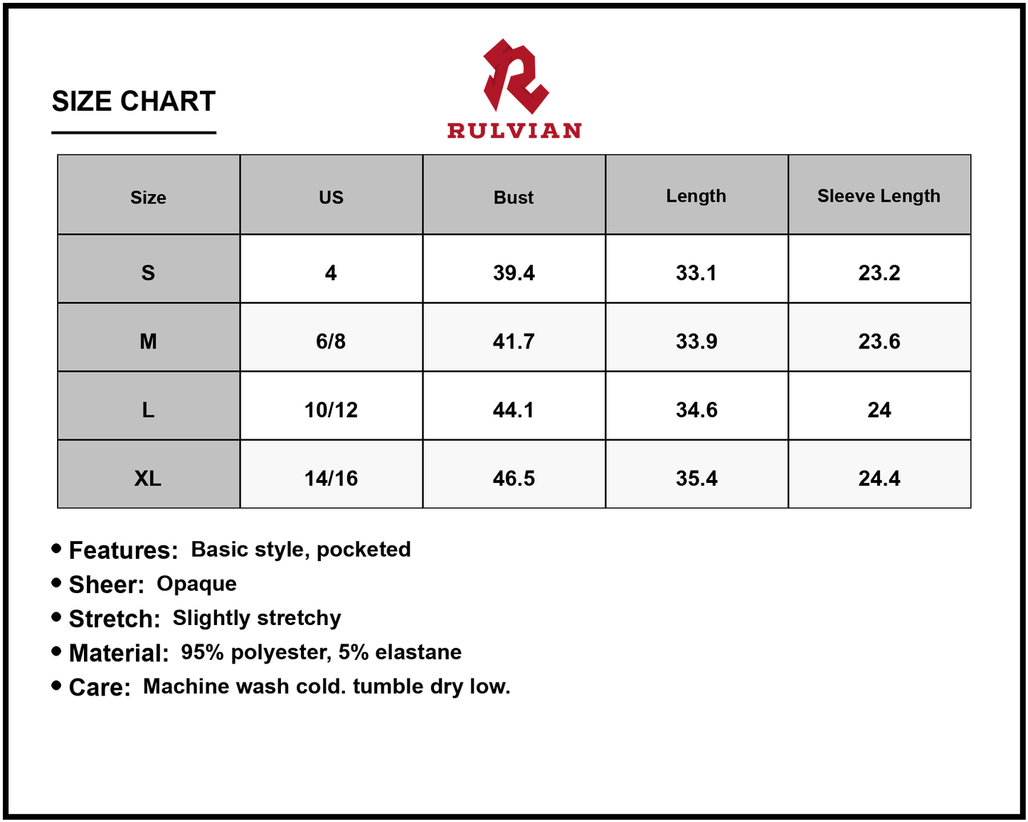 Size Chart - Women's Notched Long Sleeve Mini Dress with Pockets Stylish Everyday Versatile Stretch Fabric for Day and Night Wear