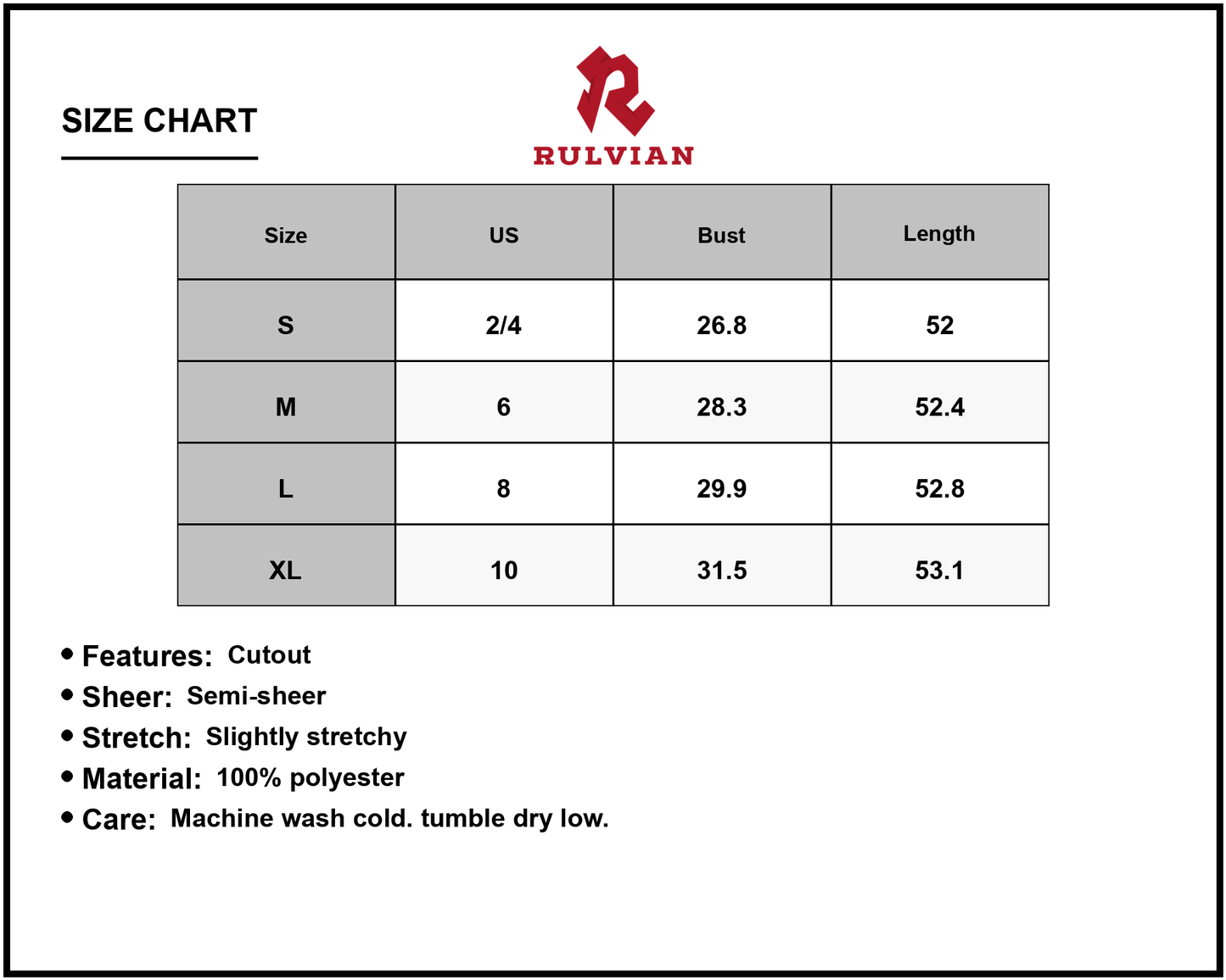 Size Chart - Women's Hollowed Out Sleeveless Maxi Dress Cutout Sheer Details Elegant Floor Length 100% Polyester Fabric Ideal Events