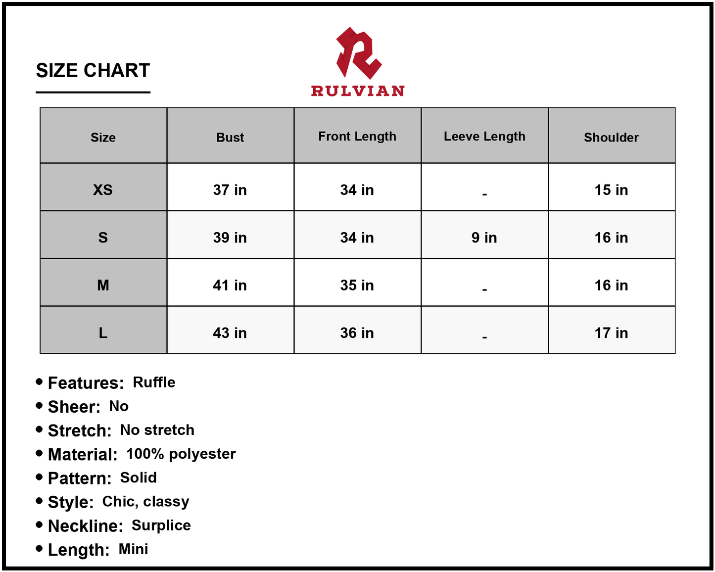 Size Chart - Women's Shiny Smocked Waist Flounce Sleeve Ruffle Hem Dress in Polyester 100% Fabric Casual Chic Mini Length Everyday