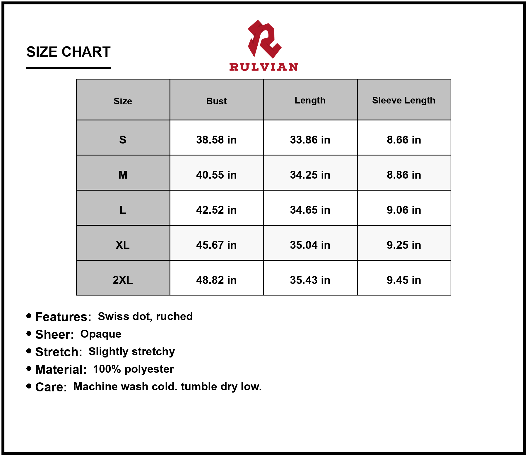 Size Chart - Womens Swiss Dot V Neck Flounce Sleeve Mini Dress with Ruched Sheer Bodice and Opaque Stretch 60% Polyester Fabric