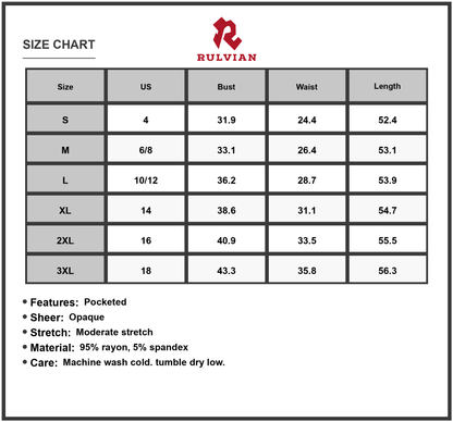 Size Chart - Women's Grecian Neck Dress with Pockets Elegant Draped Silhouette Lightweight 95% rayon 5% spandex everyday wear