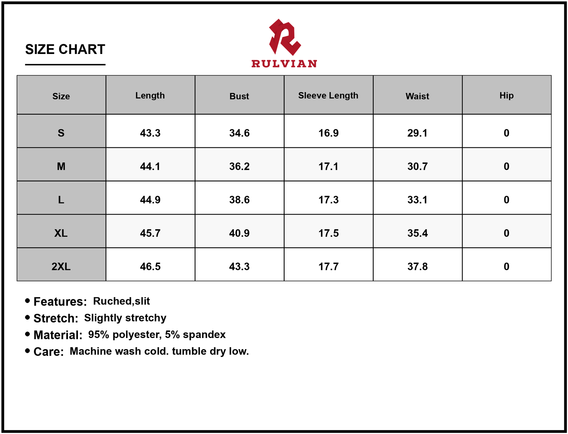 Size Chart - Women's Ruched Surplice Half Sleeve Dress with Slit and Stretch 95% Polyester 5% Spandex Perfect for Party Wear