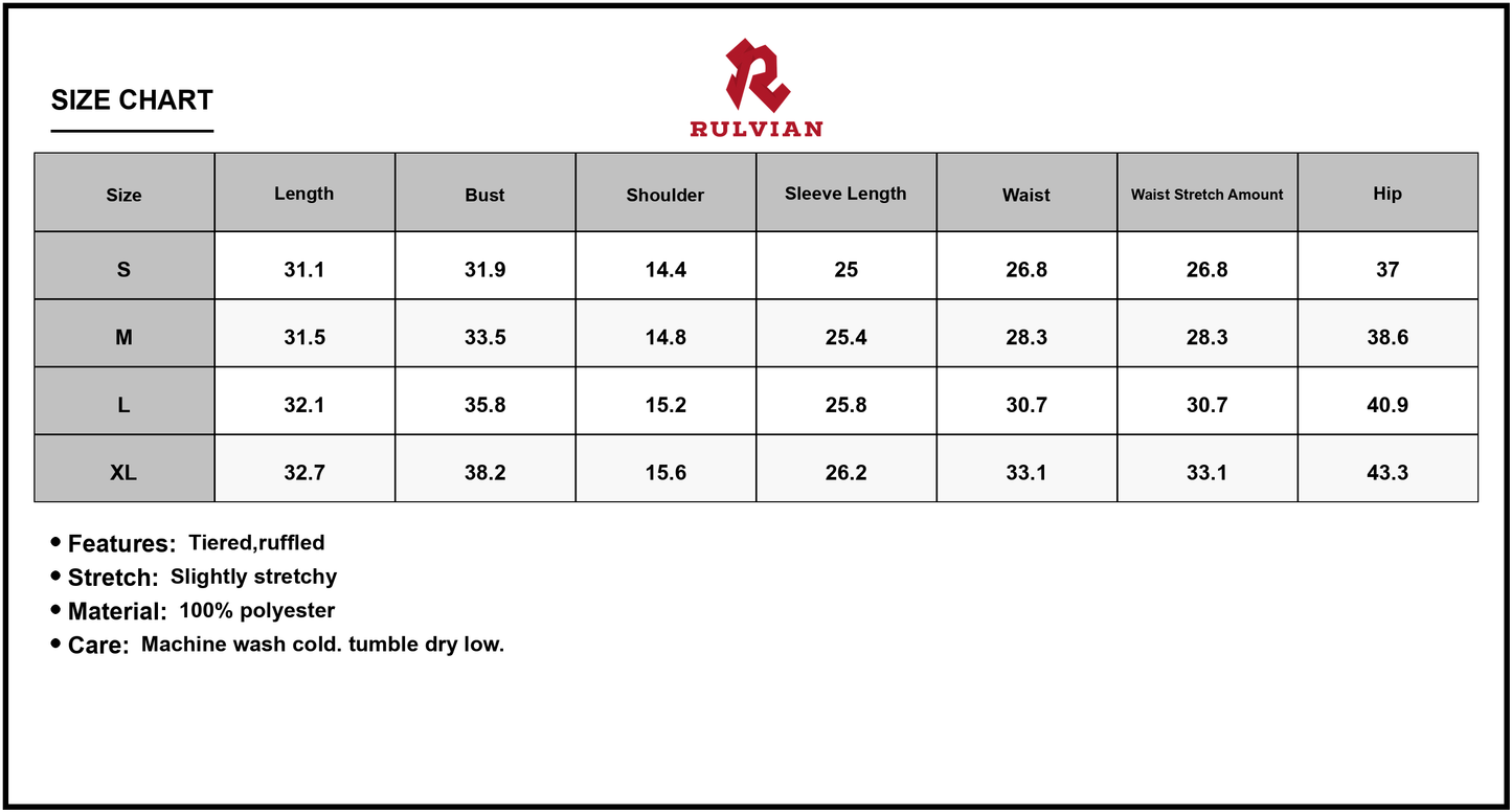 Size Chart - Womens Two Tone V Neck Long Sleeve Mini Dress Featuring Tiered Ruffle Details Made From Polyester For Versatile Party