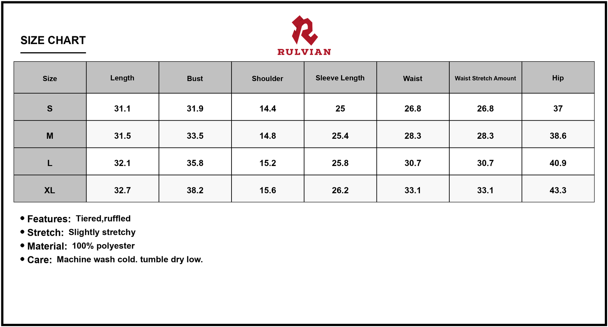 Size Chart - Womens Two Tone V Neck Long Sleeve Mini Dress Featuring Tiered Ruffle Details Made From Polyester For Versatile Party