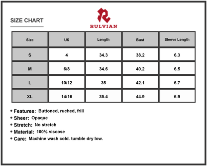 Size Chart - Women's Button Front Flutter Sleeve Dress with Ruched Frill Detail in 100% viscose Fabric for Elegant Everyday Wear