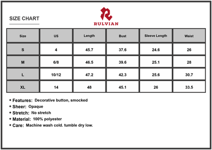 Size Chart - Women's Smocked V-Neck Flounce Sleeve Midi Dress Decorative Button 100% Polyester Versatile Everyday And Evening Wear