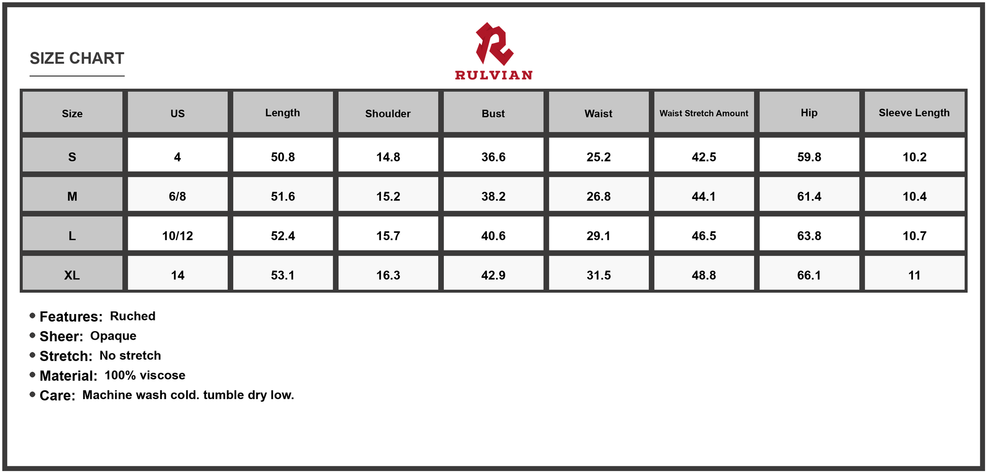 Size Chart - Women's Ruched Printed Flounce Sleeve Midi Dress with viscose % fabric drape and opaque body for everyday elegance