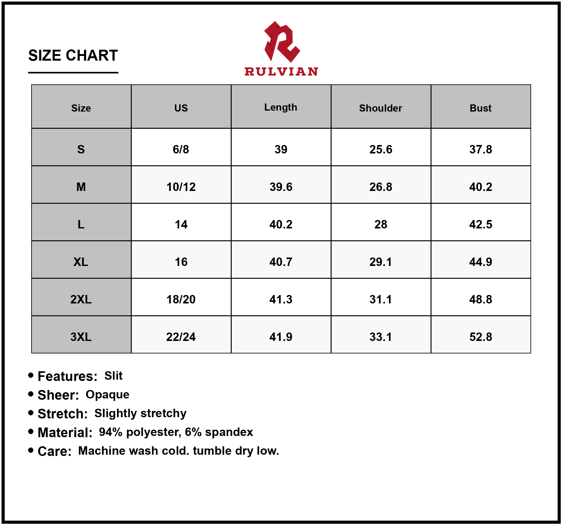 Size Chart - Women's Double Take Full Size Round Neck Short Sleeve Slit Dress Sheer Detail Opaque Stretch 94% Polyester 6% Spandex