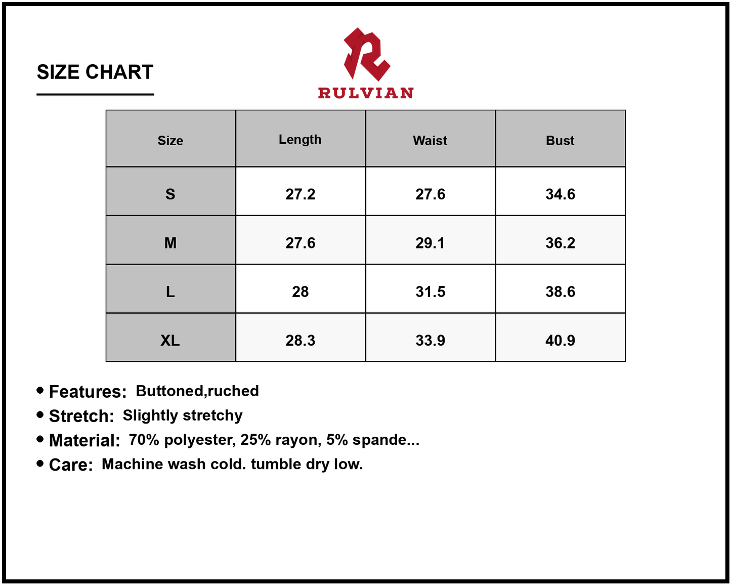 Size Chart - Women's Adjustable Strap Ruched Mini Dress Seventy Percent Polyester Twenty Five Percent Rayon Five Percent Spandex