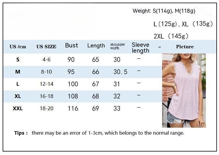 Size Chart - Women's V-neck Vest Hole Hollow-out Sleeveless Lace Flower Edge