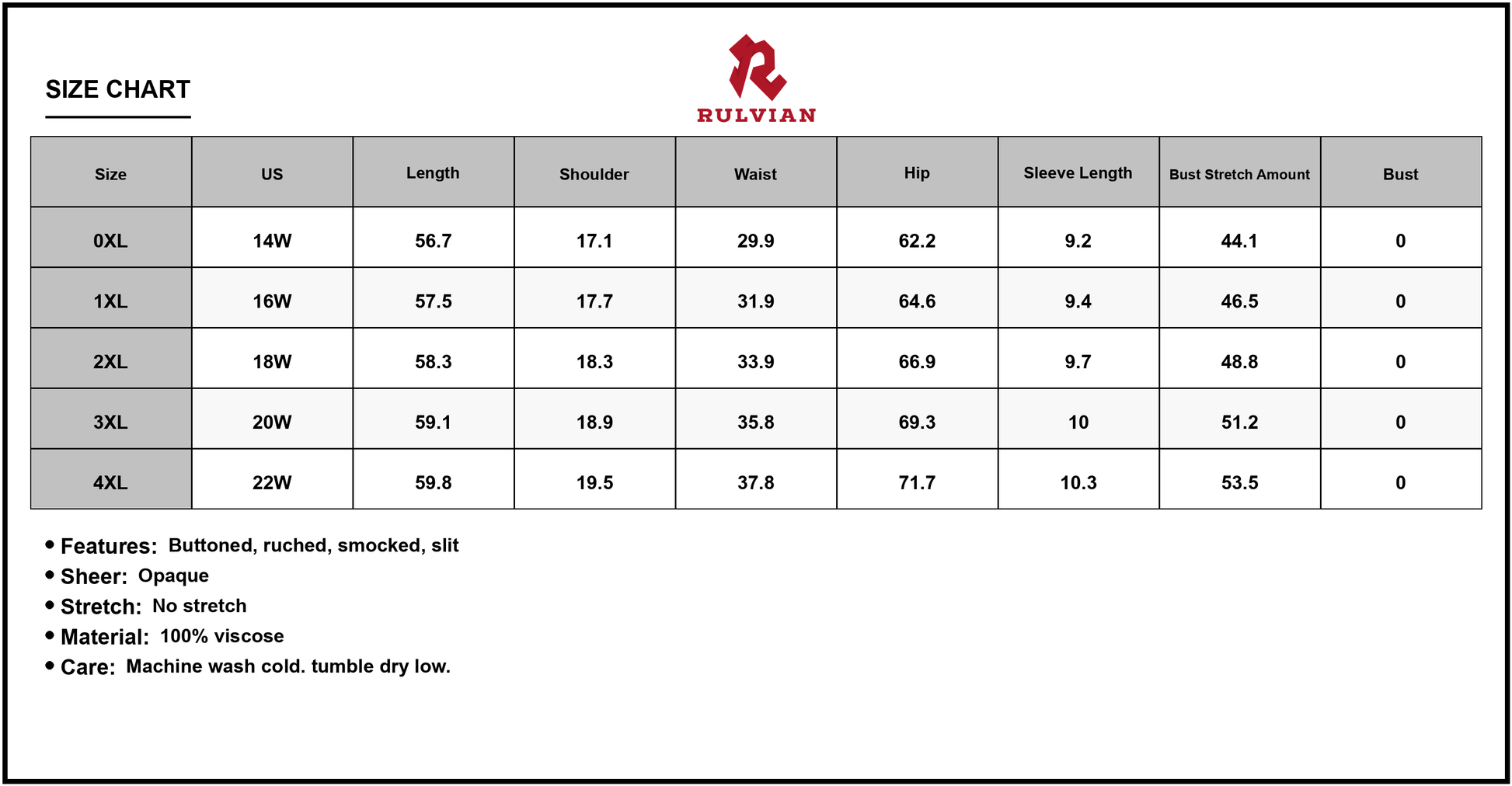 Size Chart - Women's Plus Size Button Detail V Neck Short Sleeve Maxi Dress with Ruched Bodice and Slit 100% Viscose soft drape