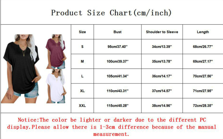 Size Chart - Solid Color V-neck Short-sleeved T-shirt Top Women's Clothing