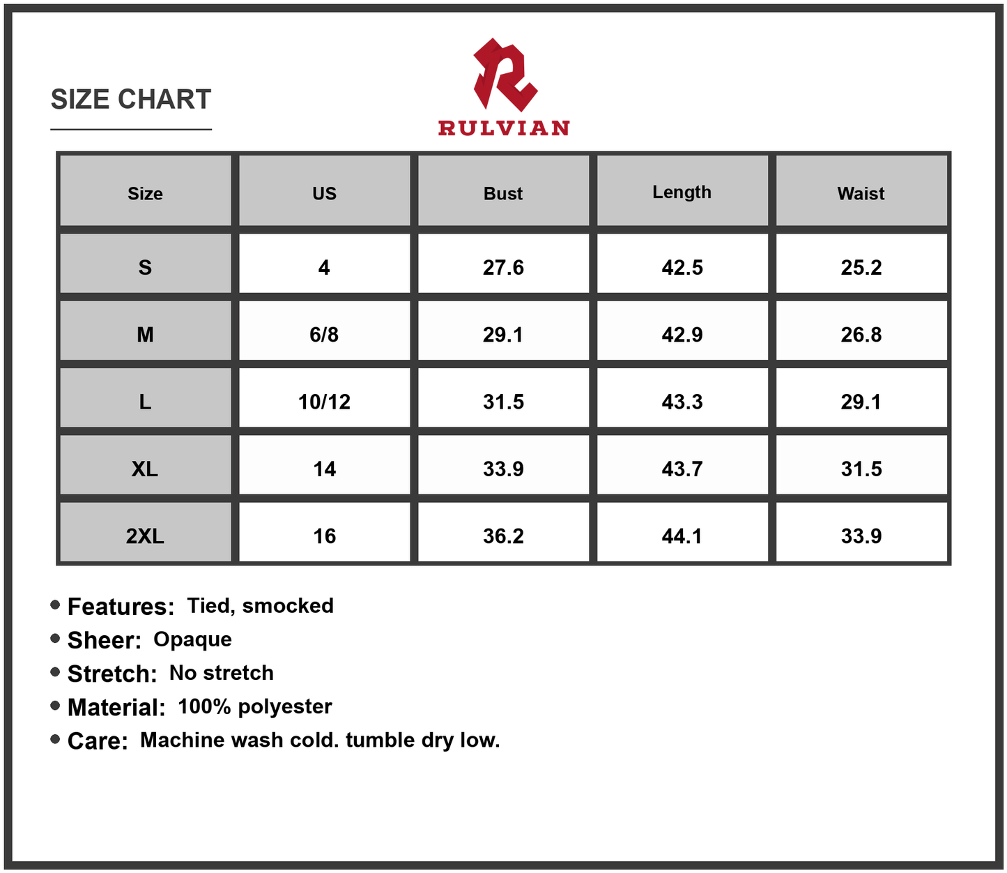 Size Chart - Women's Smocked Floral Tie Shoulder Cami Dress 100% Polyester Lightweight Vivid Print Summer Dress for Summer Days