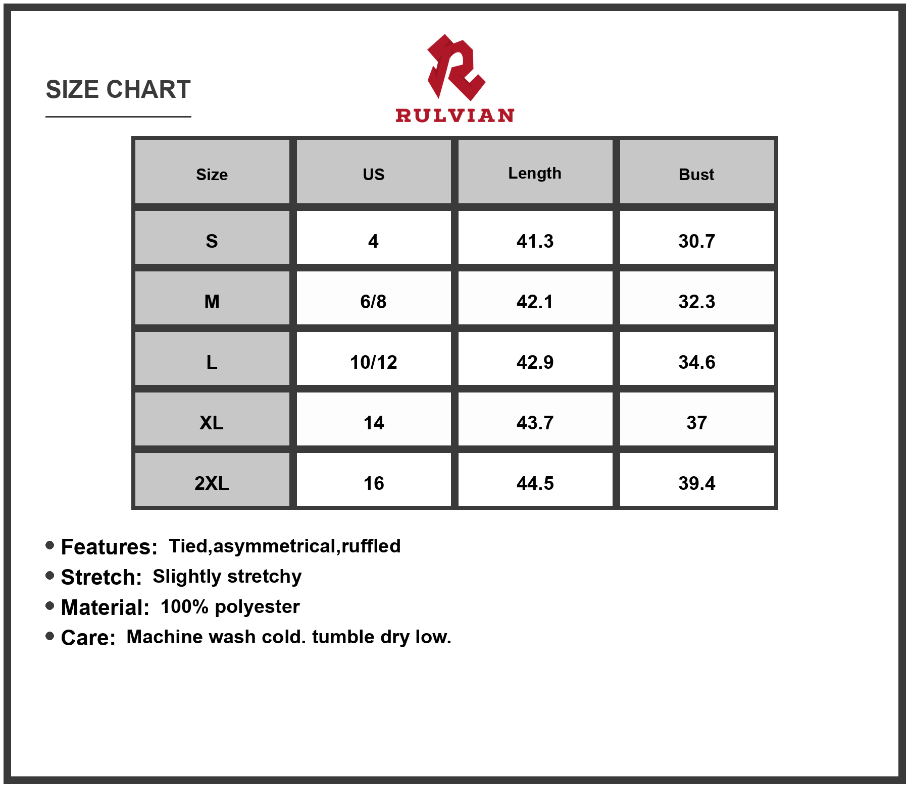 Size Chart - Women's Tropical Print Scoop Neck Tank Dress with Tied Asymmetrical Ruffle Details 100% Polyester Casual Summer Outfit