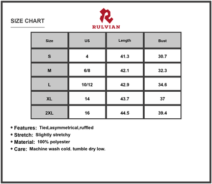 Size Chart - Women's Tropical Print Scoop Neck Tank Dress with Tied Asymmetrical Ruffle Details 100% Polyester Casual Summer Outfit