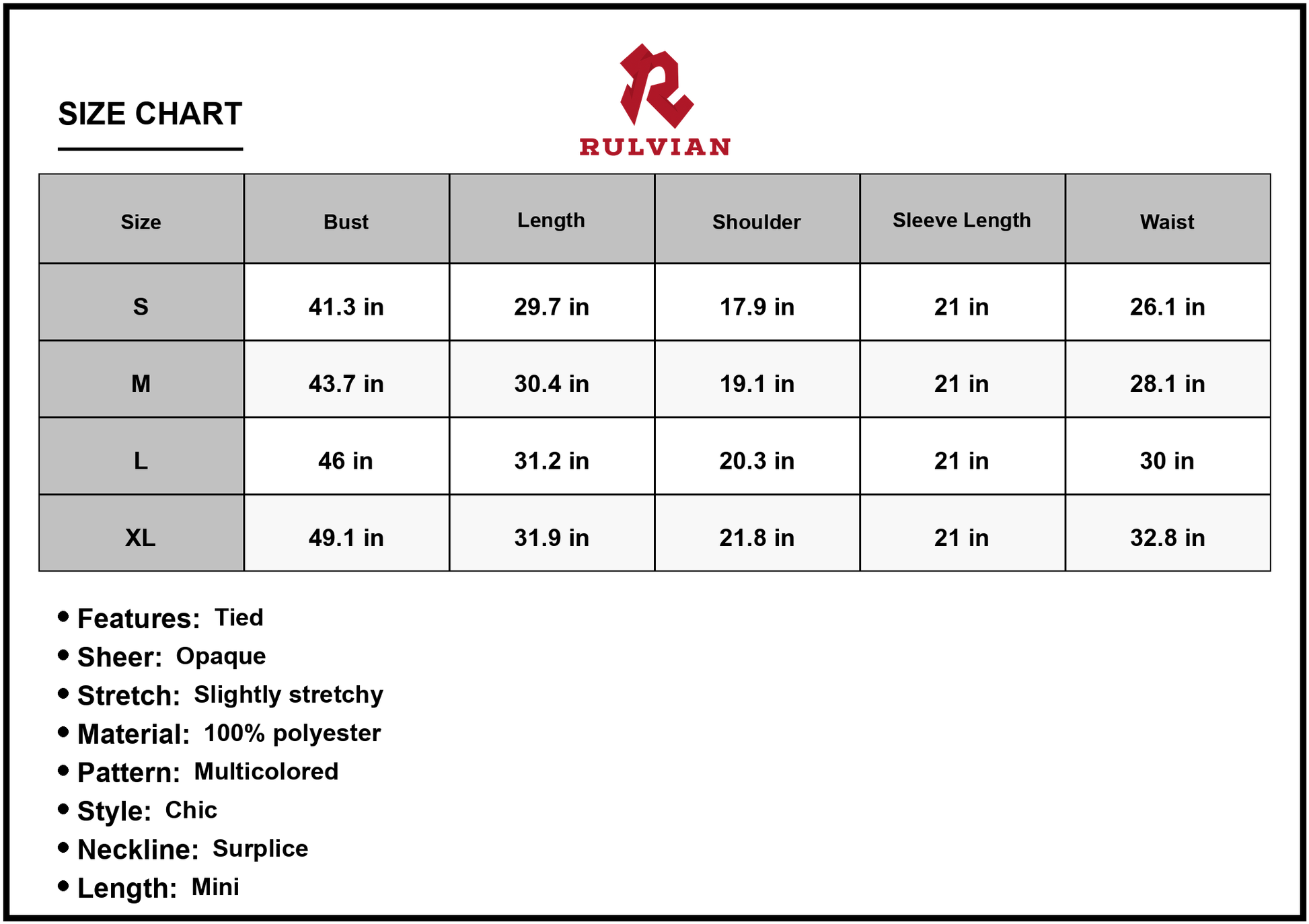 Size Chart - Women's Printed Surplice Neck Tie Waist Dress with Lantern Long Sleeves and A Line Hem 100% Polyester Fabric Details