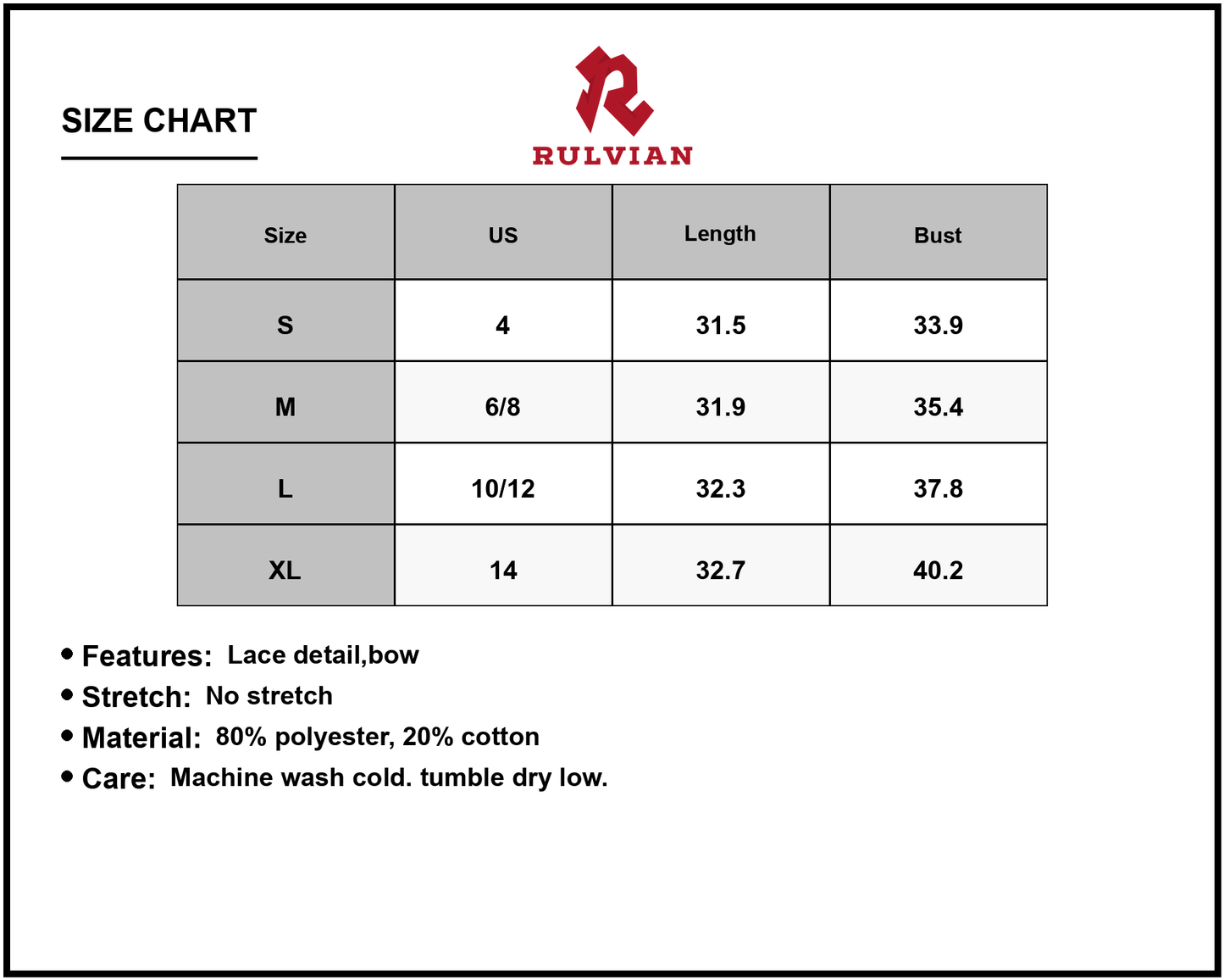 Size Chart - Men's Lace Detail Bow Sleeveless Mini Cami Dress with 80% Polyester 20% Cotton Fabric Easy Care Machine Washable Summer