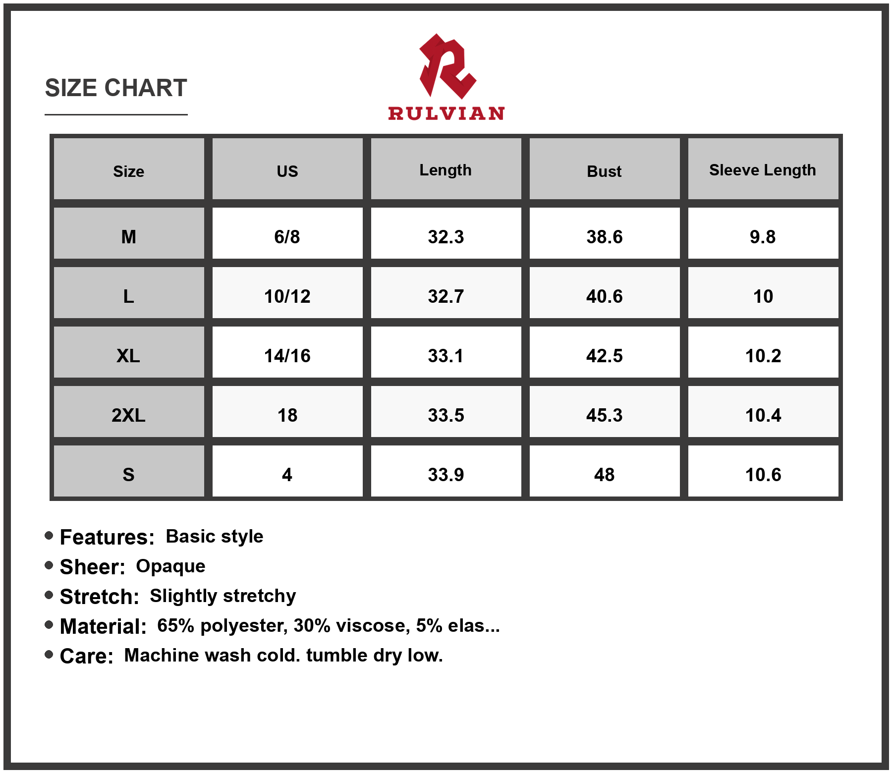 Size Chart - Women's Textured Round Neck Short Sleeve Mini Dress with Subtle Sheen and Stretch 65% polyester 30% viscose 5% elastane