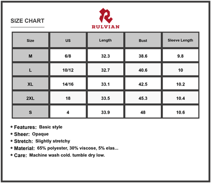 Size Chart - Women's Textured Round Neck Short Sleeve Mini Dress with Subtle Sheen and Stretch 65% polyester 30% viscose 5% elastane
