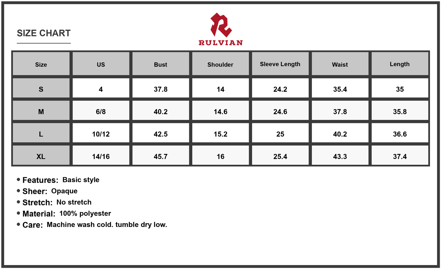 Size Chart - Women's Printed Mock Neck Long Sleeve Mini Dress with Modern Silhouette 100% Polyester Easy Care Everyday Wear