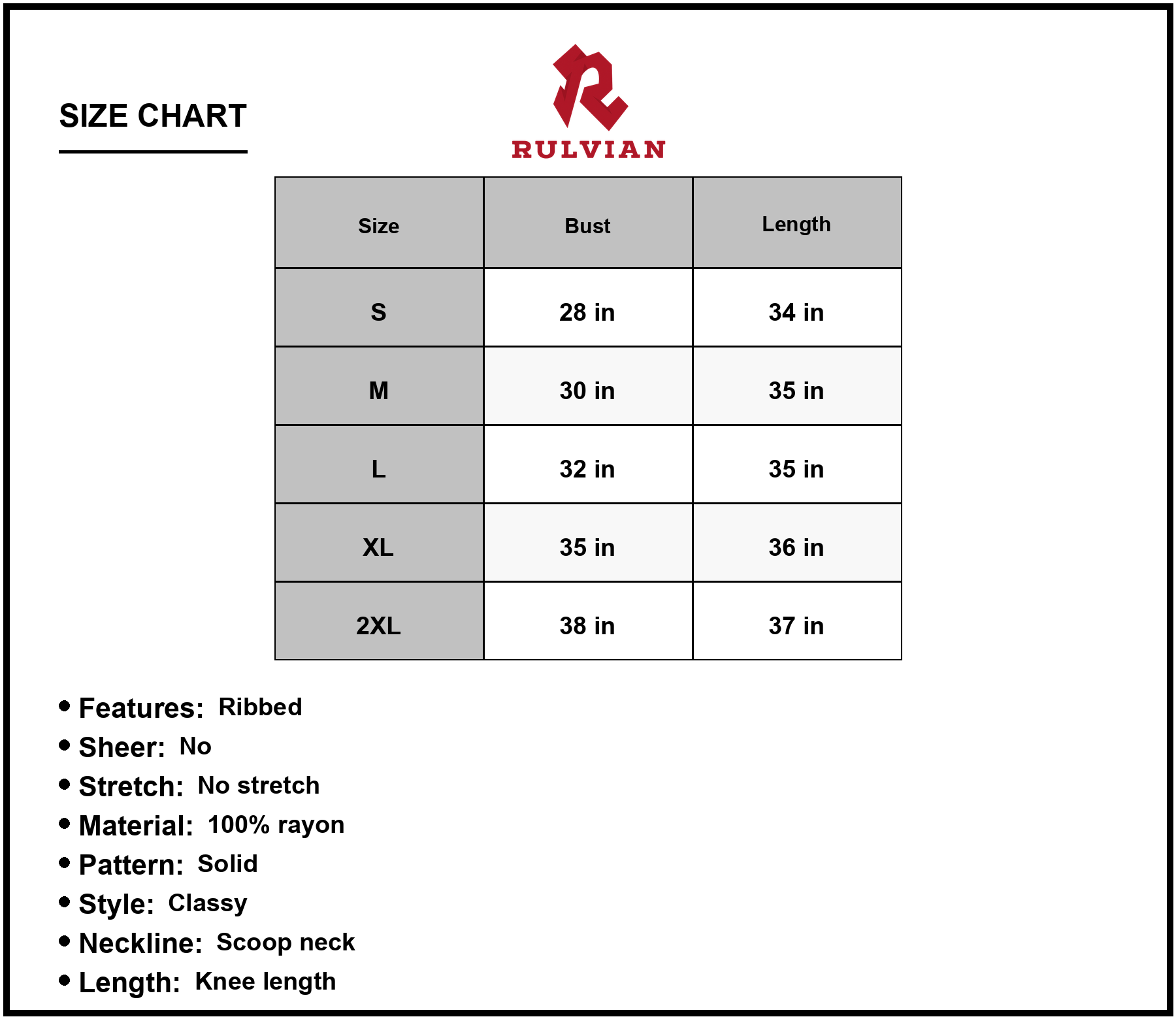 Size Chart - Women's Ribbed Sleeveless V Neck Dress 100% Rayon Knee Length Casual Elegant Everyday Wear Machine Washable Easy Care