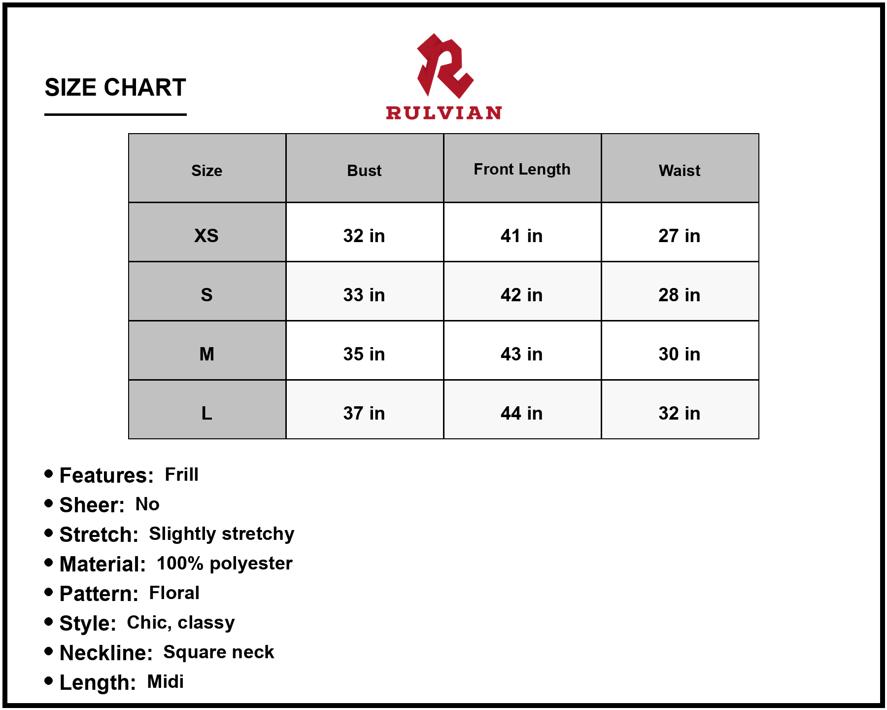 Size Chart - Women's Shiny Floral Frill Trim Sleeveless Midi Dress with Square Neck 100% Polyester Chic Elegant Everyday Party Wear
