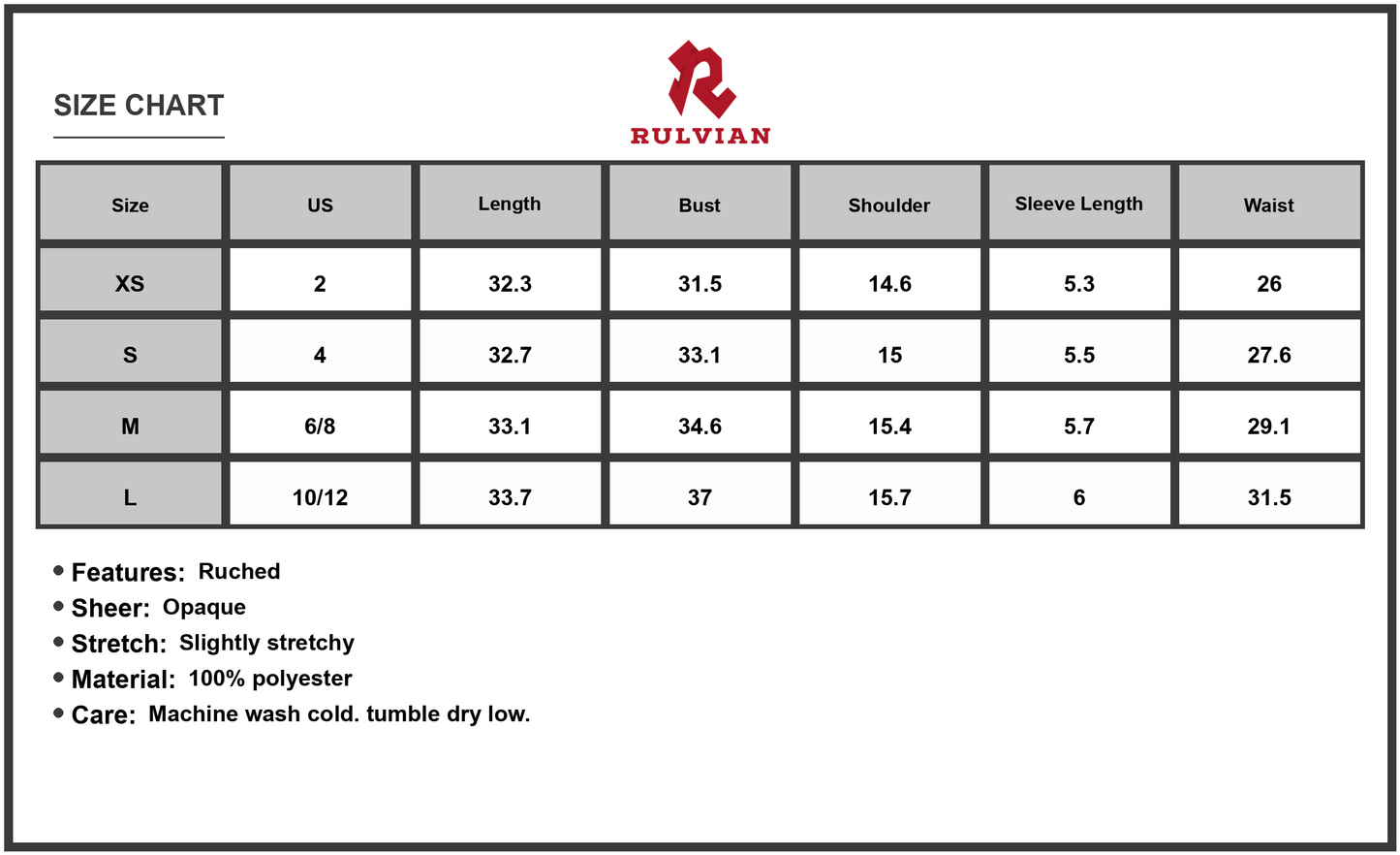 Size Chart - Women's Ruched Sheer Short Sleeve Johnny Collar Mini Dress 100% Polyester Fabric for Everyday Casual Occasion Wear