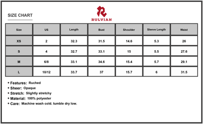 Size Chart - Women's Ruched Sheer Short Sleeve Johnny Collar Mini Dress 100% Polyester Fabric for Everyday Casual Occasion Wear