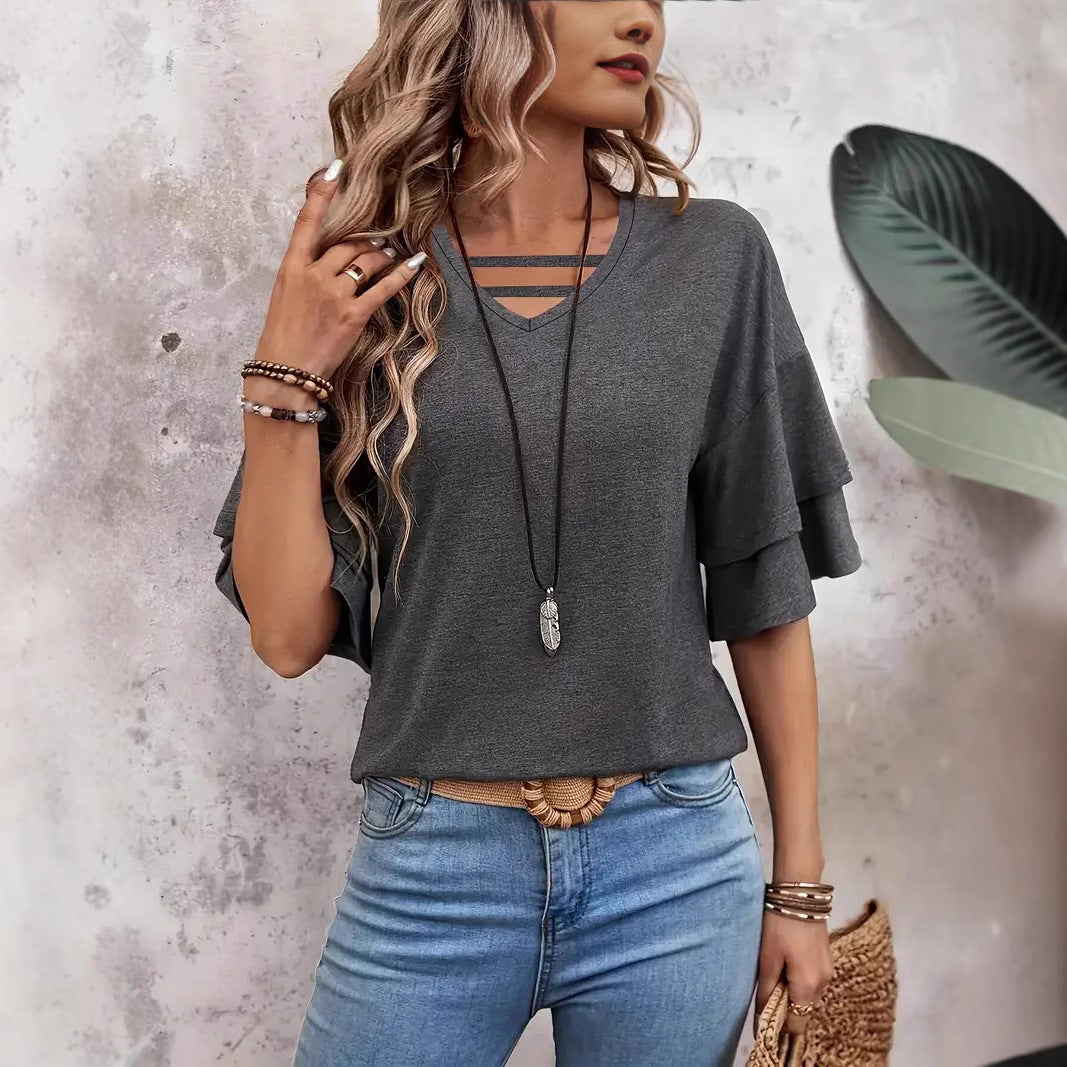 Women's V Neck Flounce Fashion T Shirt Gray Cotton % Fabric Short Sleeve Casual Top For Everyday Wear