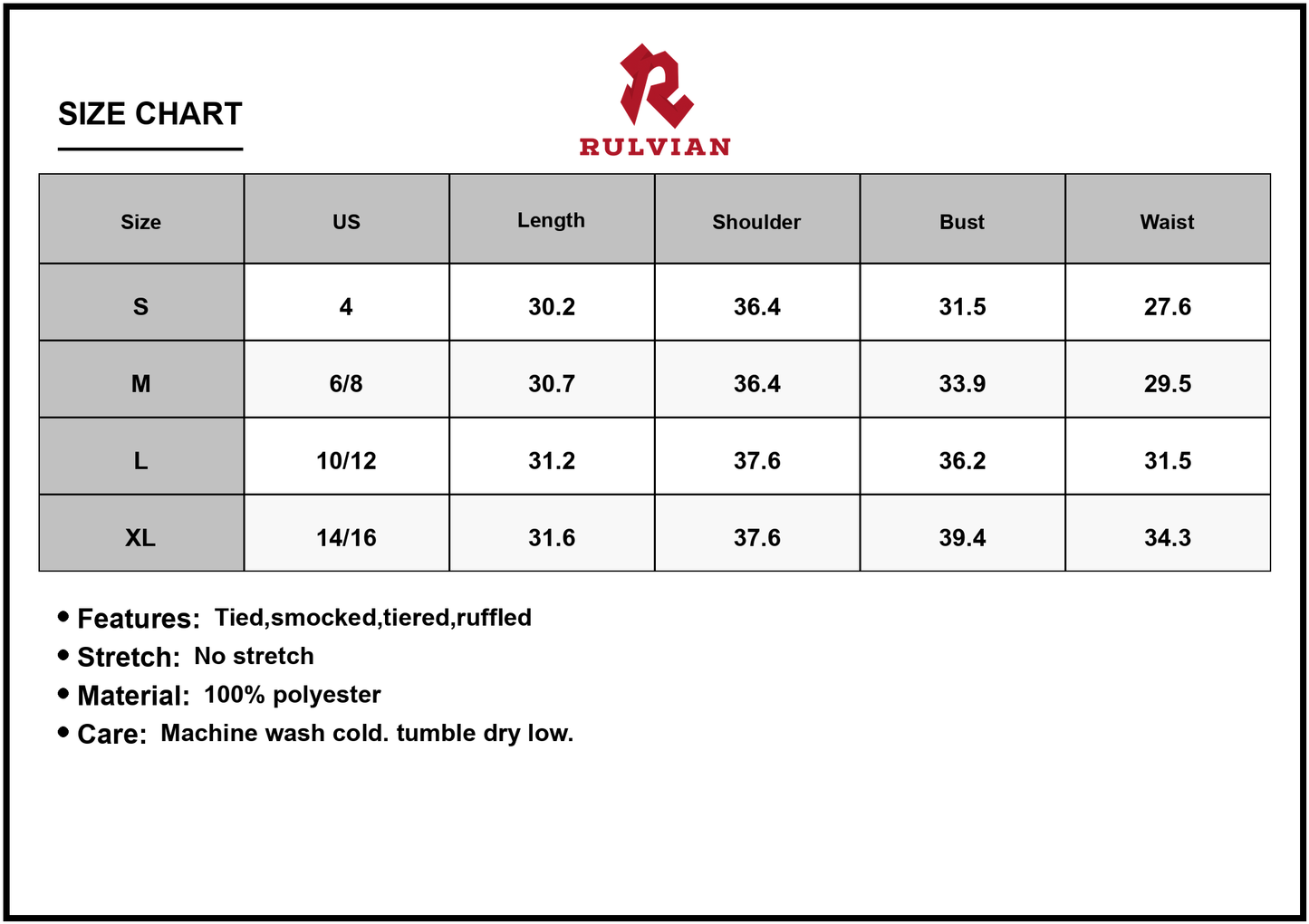 Size Chart - Women's Smocked Printed Tie Shoulder Mini Cami Dress 100% Polyester Tiered Ruffle Style for Summer Everyday Wear