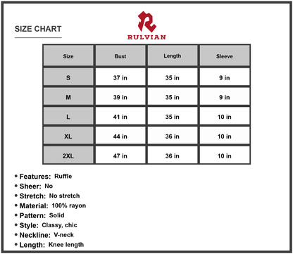 Size Chart - Women's Mandy V Neck Flounce Sleeve Tiered Dress Knee Length Elegant Chic Choice for Any Daytime Occasion 100% rayon