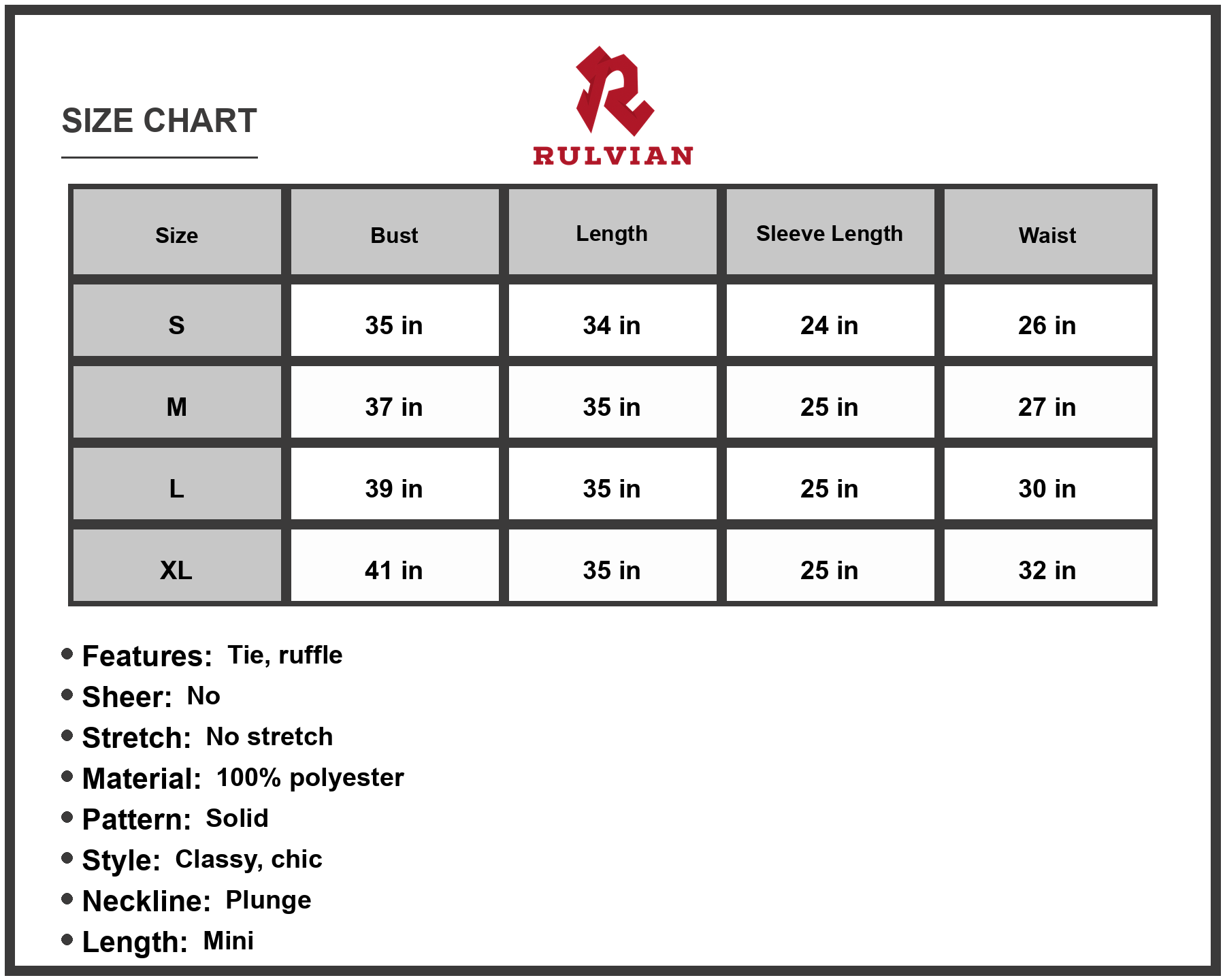 Size Chart - Women's Tie Front Smocked Waist Flounce Sleeve Mini Dress with Plunge Neckline Solid Color 100% Polyester Casual Chic