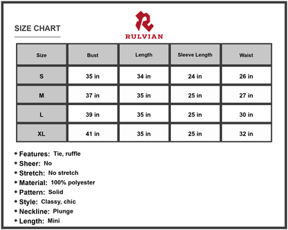 Size Chart - Women's Tie Front Smocked Waist Flounce Sleeve Mini Dress with Plunge Neckline Solid Color 100% Polyester Casual Chic