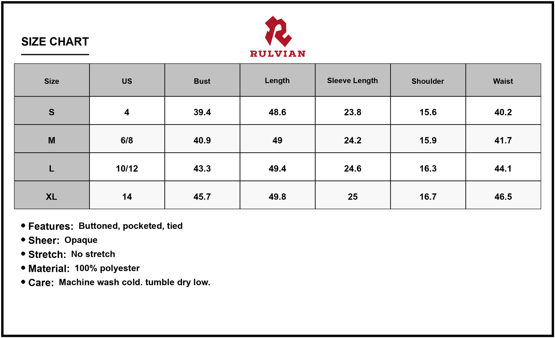 Size Chart - Women's Collared Neck Long Sleeve Midi Shirt Dress with Button Front Pocketed Tied Detail one hundred percent polyester