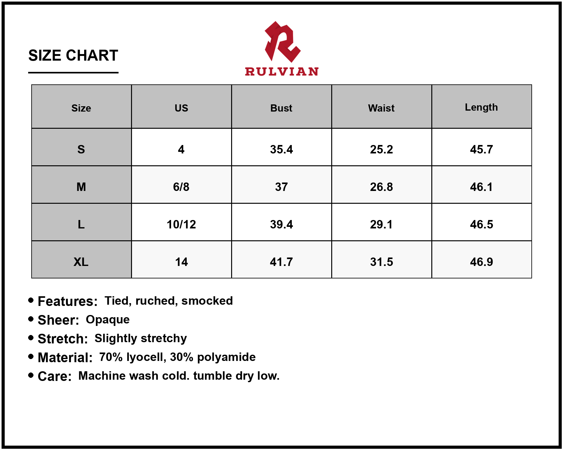 Size Chart - Women's Smocked Tiered Maxi Cami Dress with Sheer Overlay 70% Lyocell 30% Polyamide for Elegant Summer Events Today