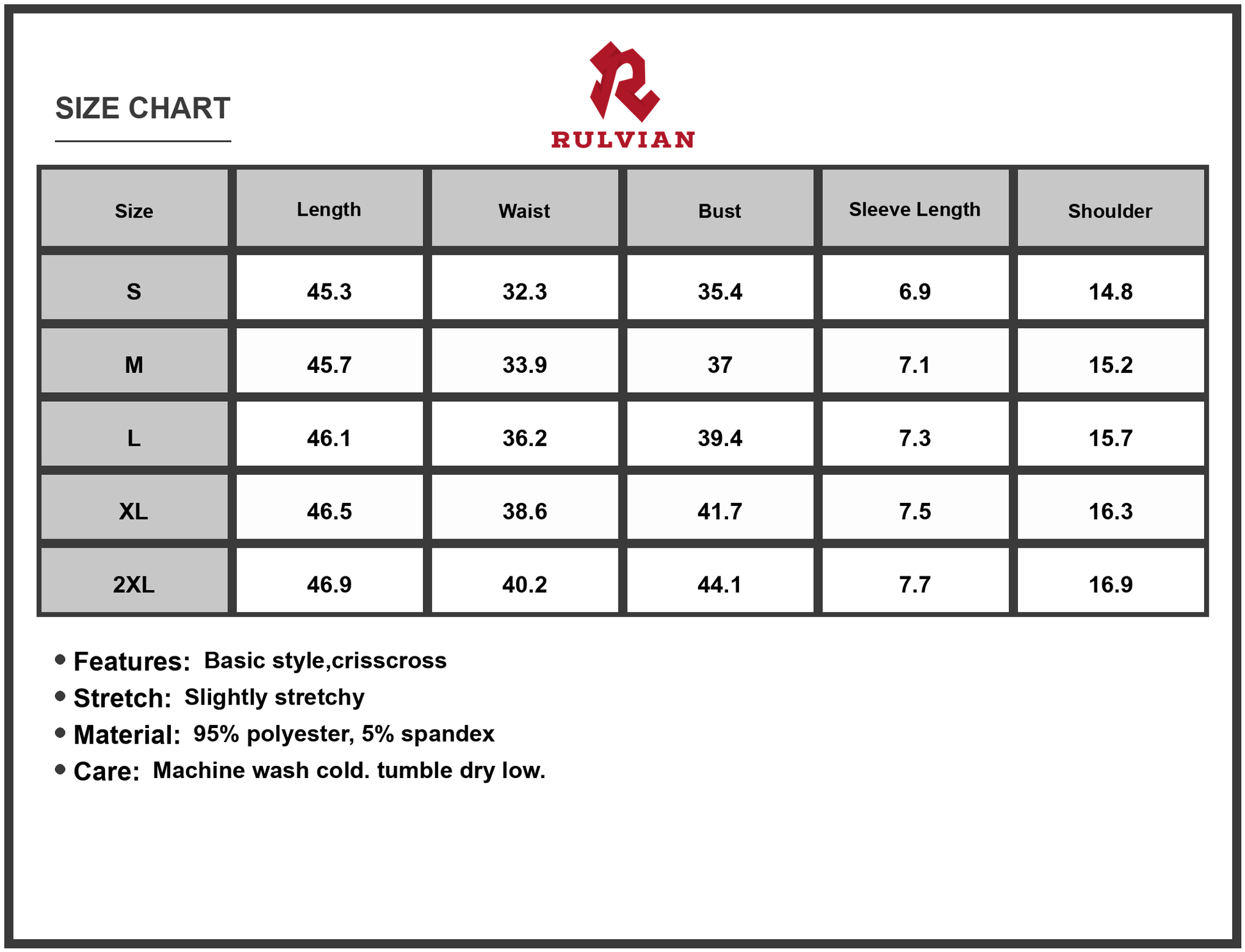 Size Chart - Women's V Neck Short Sleeve Midi Dress with Crisscross Stretch Silhouette 95% polyester 5% spandex versatile style