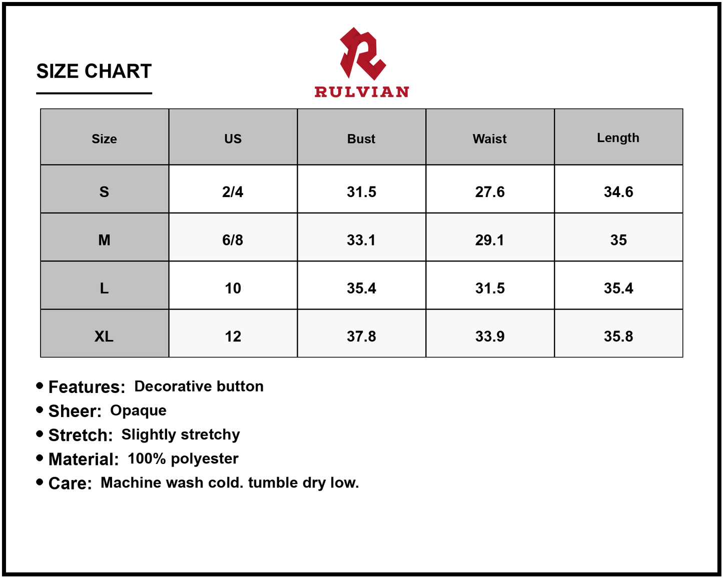 Size Chart - Women's Decorative Button Square Neck Cami Dress in 100% Polyester Fabric with Sheer Bodice Opaque Stretch Style